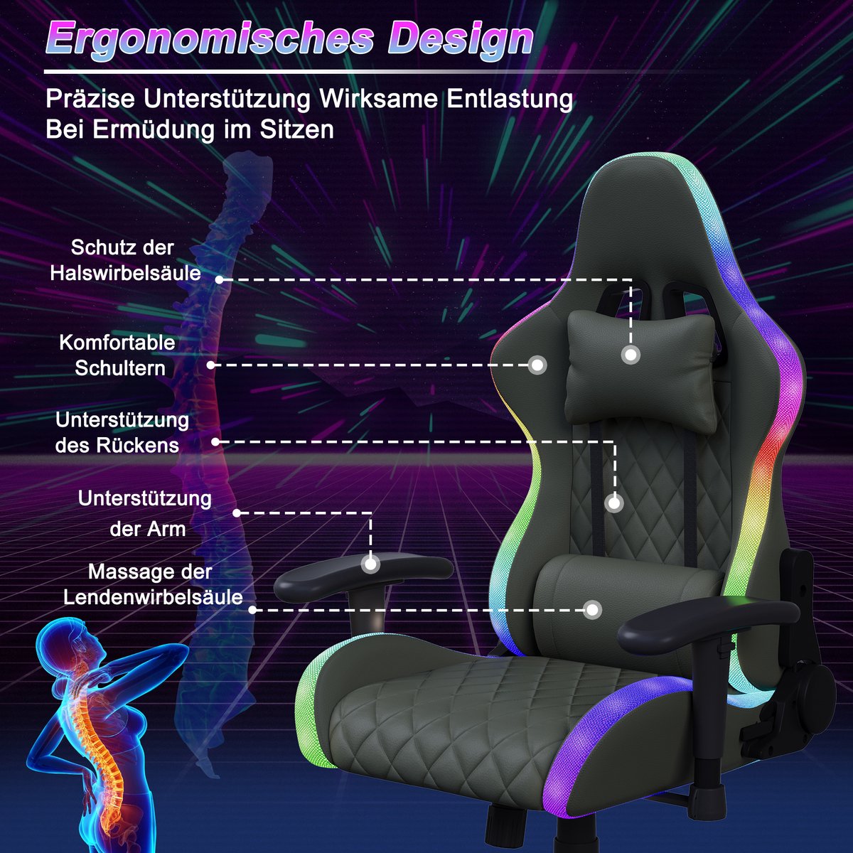 Saradevi Gamingstoel met Massagefunctie en LED-verlichting - afbeelding 2