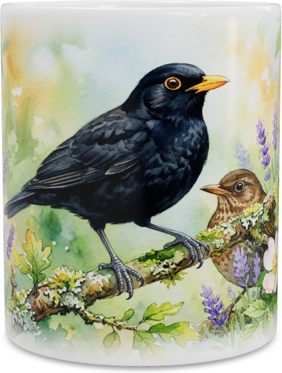 Mok met Merel Koppel "Aquarel Series" Tekening - Koffiemok & Theemok met Tuinvogels - Natuur Thema Thuis & Kantoor - Prachtig Cadeau voor haar: Vrouw, Vriendin of Collega - Lieve Vogel Beker met Lavendel & Rozen