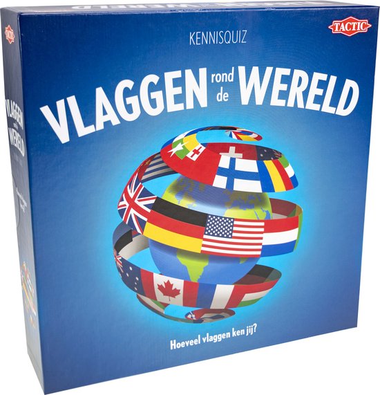 Doos van het bordspel "Vlaggen rond de Wereld Kennisquiz" met een globus omwikkeld met vlaggen.