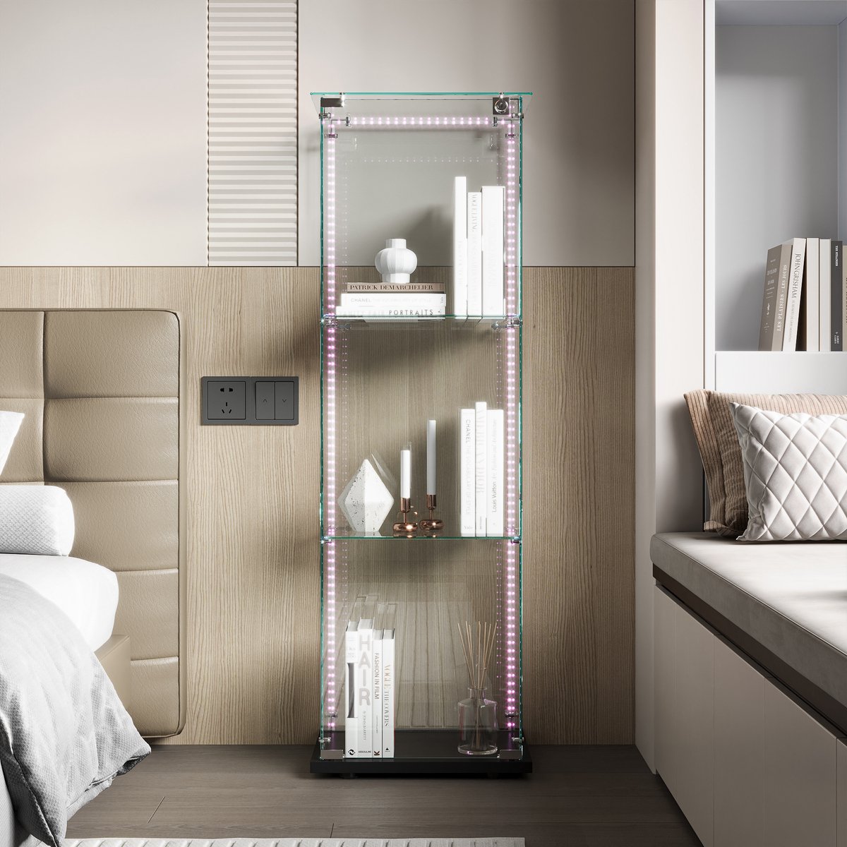 Glazen Vitrinekast 1 Deur – 3 Planken – LED Strip – Afsluitbaar – Zwart