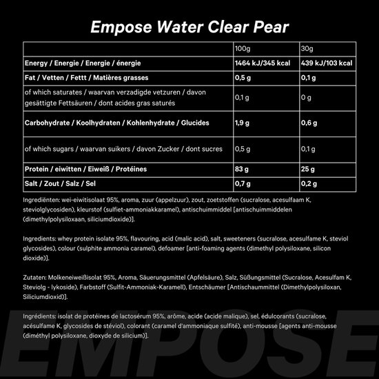 Voedingswaarden in het Engels, Frans, Duits voor "Empose Water Clear Pear" met energiewaarden, vetten, koolhydraten, eiwitten en zout.