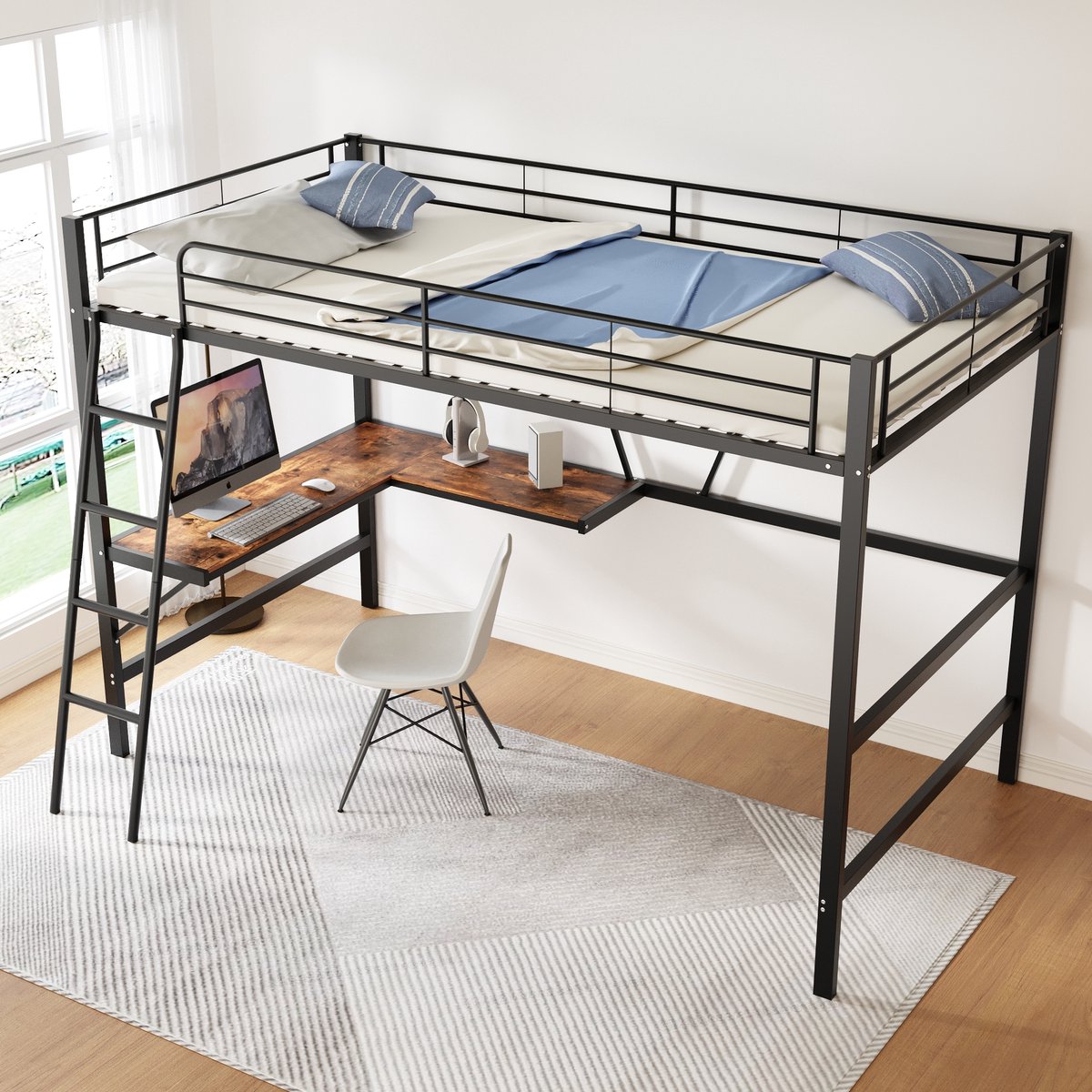 MODFU Hoogslaper 90x200 cm – Met L-vormig Bureau & Plank – Zwart – EN747 Veilig (vanaf 6 jr) – Metaal/MDF – Max. 120 kg – 24 Latten – Perfect voor Studenten & Tieners