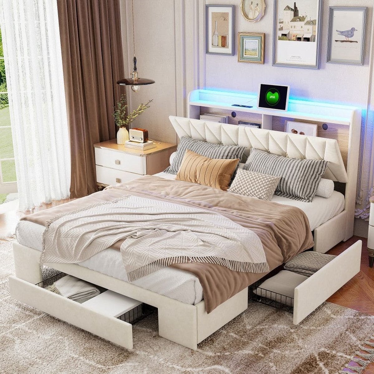 Bed 160 x 200 cm – Ledikant – Boxspring – Opbergbed – Tweepersoonsbed – Met USB-poort – 3 Wisselbare LED-kleuren – Velvet Bekleding