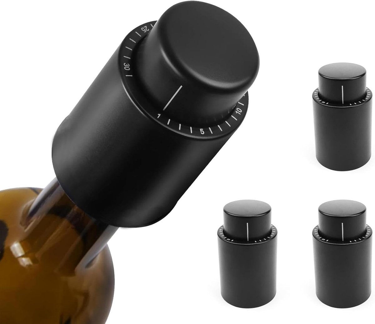 4x Wijnstoppers Vacuüm Champagne Stoppen met Tijdschaal 4.5 x 7 cm Zwart
