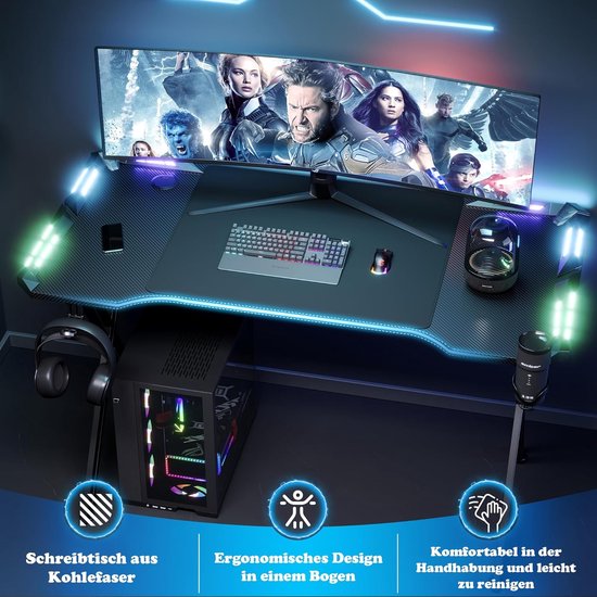 Gametabel 140 cm X-Frame met LED-verlichting, Carbonvezel Effect, Beeldschermhouder, Koptelefoonhaak, Ergonomisch, Zwart van Merkloos — afbeelding 3