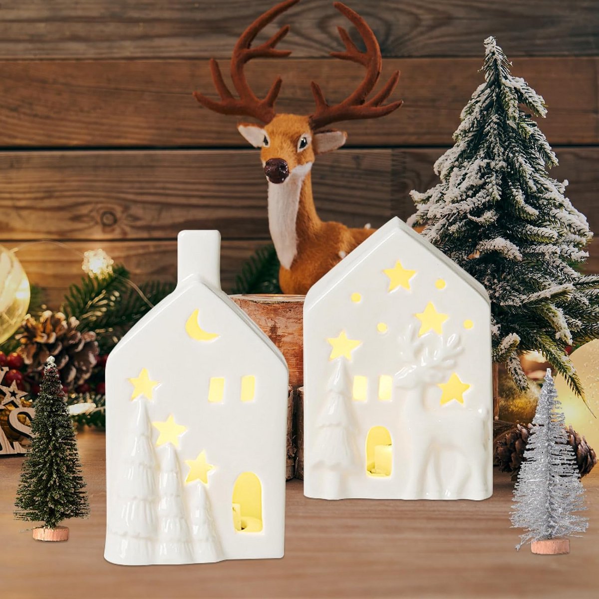 Verlichte Kerstboerderij Set van 2 Kerstdorp Huisjes met Mini Boompjes – foto 3