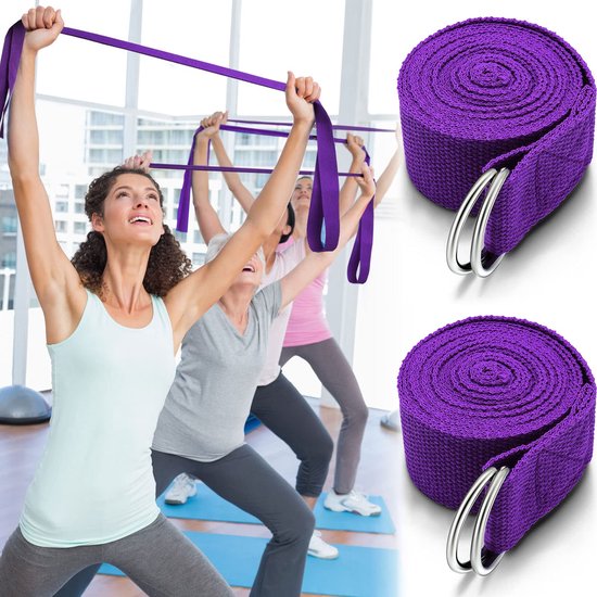 longziming-Yoga Riem - Yoga strap - Stretch Band - Pilates - 6 stuks - 2,4 meter - 3,8 cm breed - D-vormige metalen gesp - Antislip katoen-polyester - Zwart & paars - Voor flexibiliteit, rekken en yogahoudingen - Paars — afbeelding 5