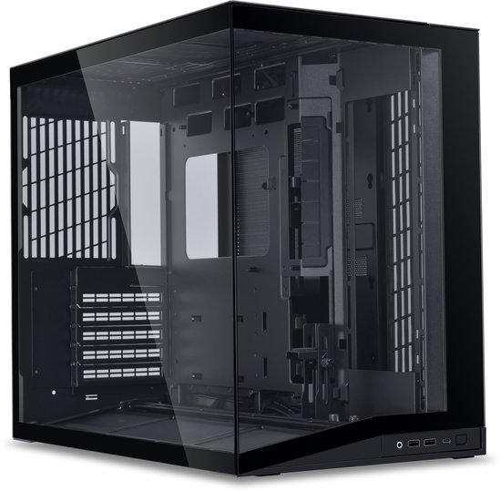 Boîtier PC noir avec des panneaux en verre sur deux côtés, ouvert à l'avant et sur le dessus.