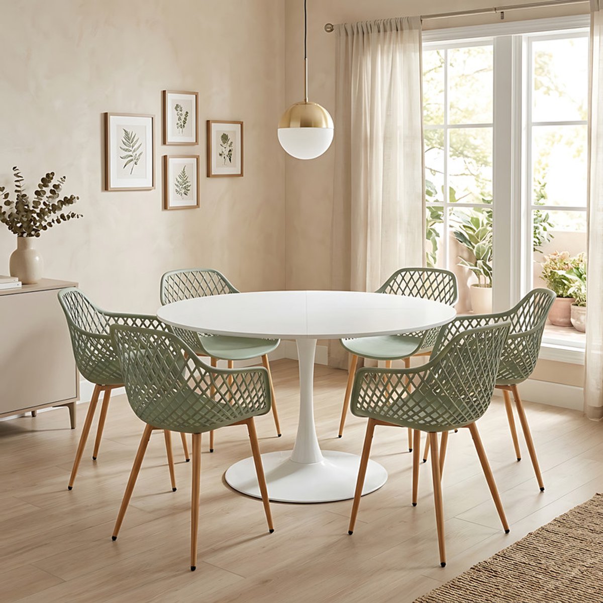 EGGREE eettafel en stoelen set - tafel met een diameter van 120 cm en 6 grijsachtig groen stoelen - geschikt voor bar - keukeneiland -café en eetkamer. Wit-R6GG