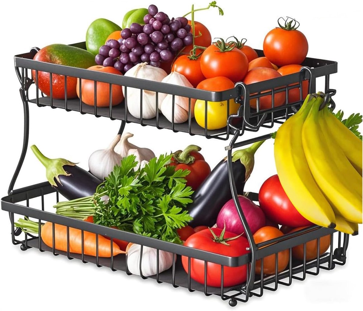 Fruitmand 2 lagen met 4 opbergvakken voor banaanen - zwart