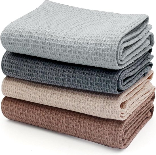 Torchons de cuisine - Torchon - Tissage gaufré Absorbant - 4 Pièces - Pour Verres Et Appareils de cuisine Beige-Grijs