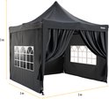 Antracietkleurige partytent van 3x3 meter met gebogen ramen en oprolbare zijwanden.