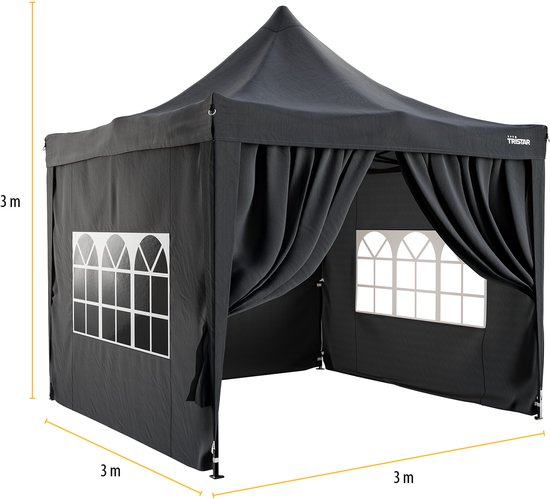 Antracietkleurige partytent van 3x3 meter met gebogen ramen en oprolbare zijwanden.