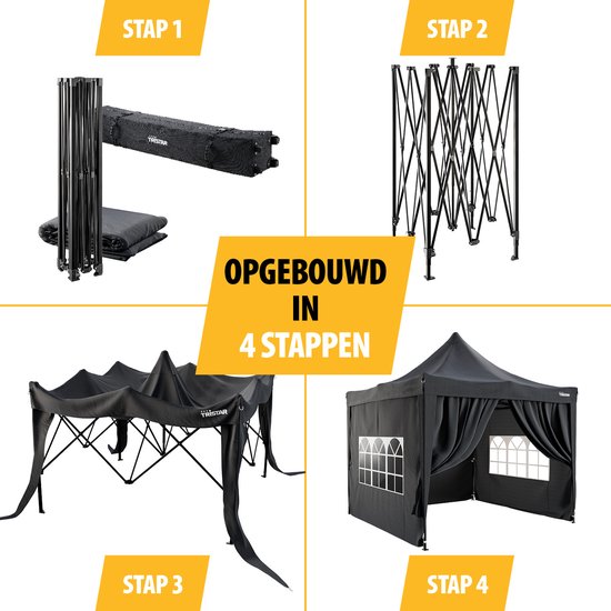 Vier stappen voor het opzetten van een antracietkleurige partytent, van ingeklapt tot volledig opgebouwd.