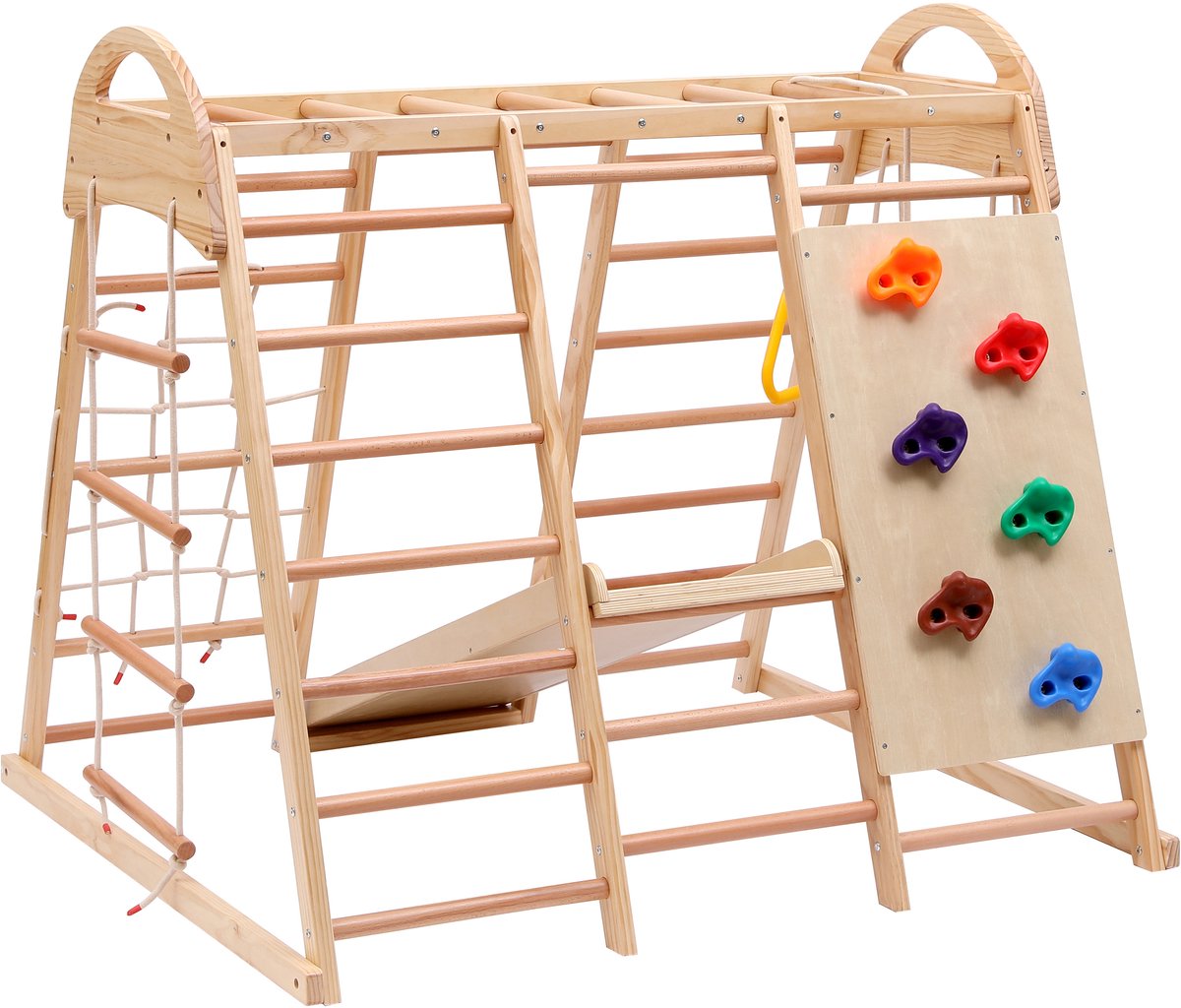 YYchan 7-in-1 Houten Klimrek met Glijbaan & Schommel - Indoor Speeltoestel voor Kinderen - Montessori Klimwand & Turnringen - Massief Beukenhout
