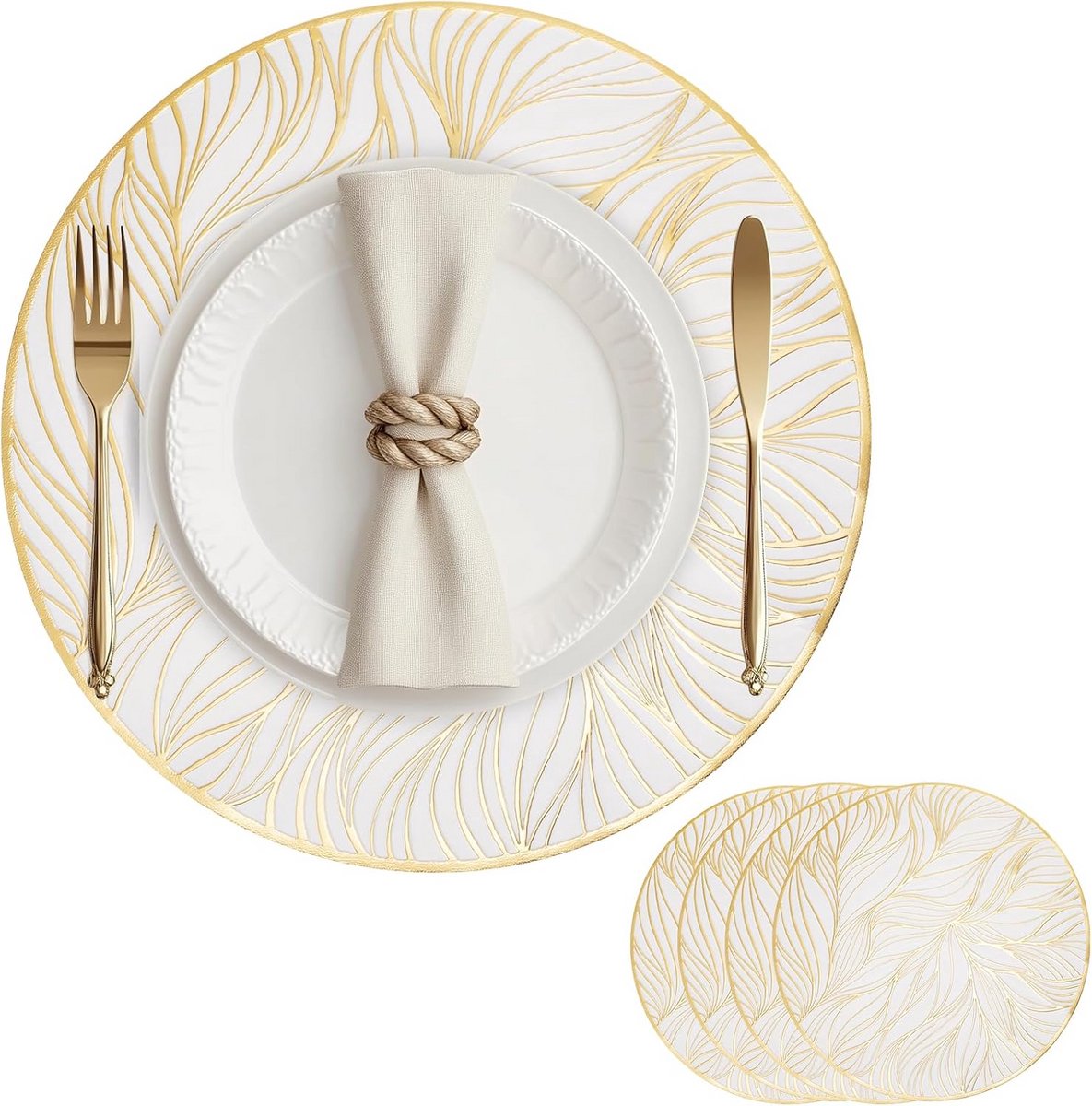 Set van 4 ronde PVC placemats - wasbaar, hittebestendig en niet-afschuimend - goud/wit