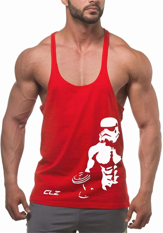 Rode tanktop met witte opdruk van een Stormtrooper die een halter optilt, met merknaam CLZ.