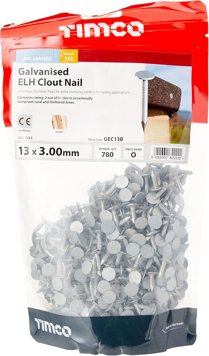 Gegalvaniseerde Clout Nagels 13 x 3.00 - 1kg Zak voor Dakleer en Gipsplaat Bevestiging
