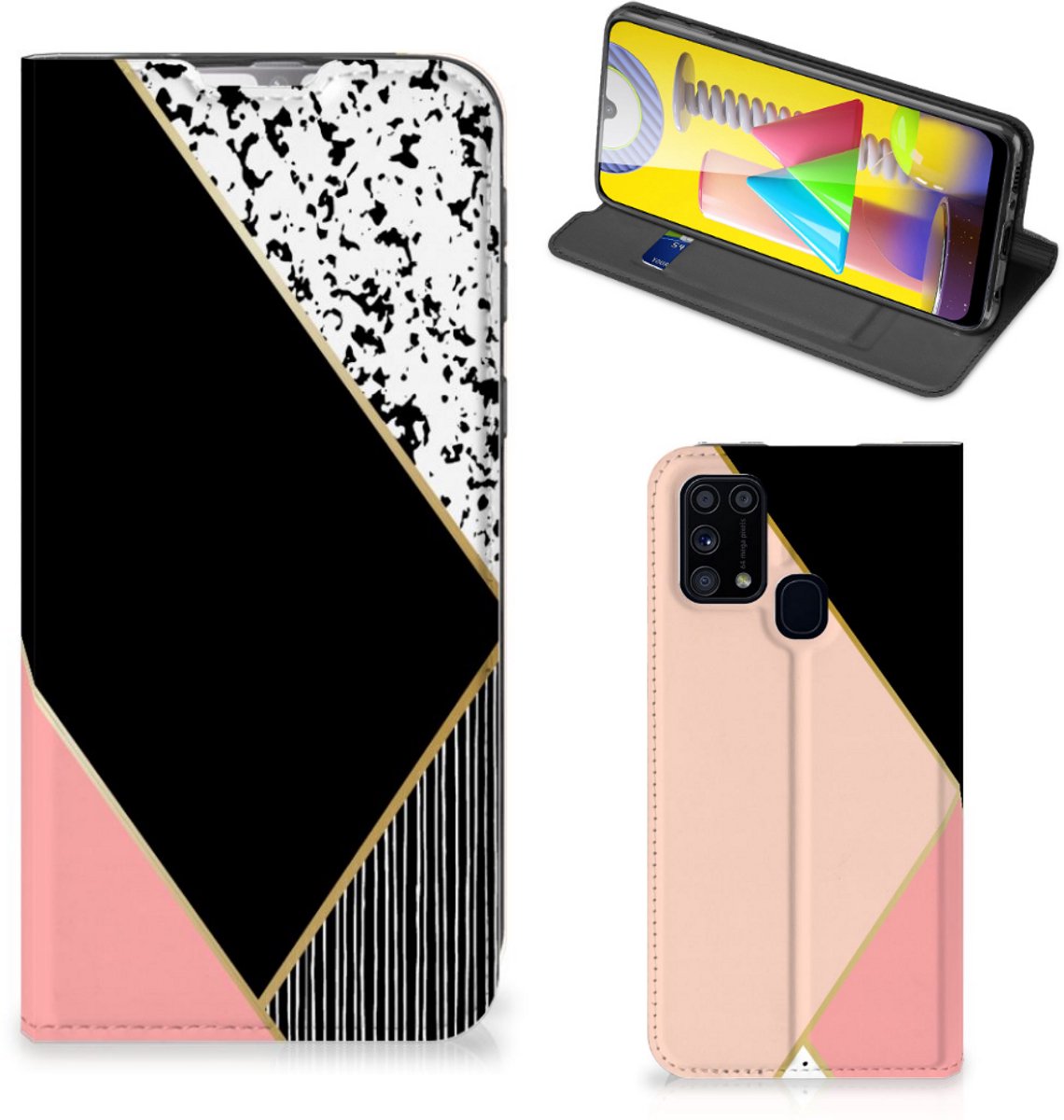Samsung Galaxy M31 Stand Case Zwart Roze Vormen
