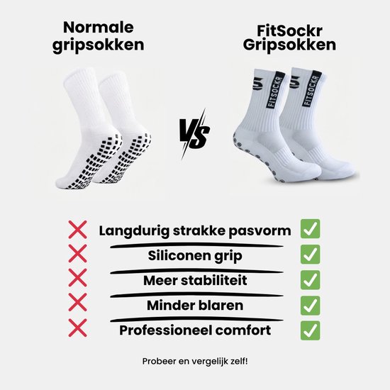 Vergelijking normale sokken met FitSockr gripsokken, met vinkjes bij voordelen van FitSockr.
