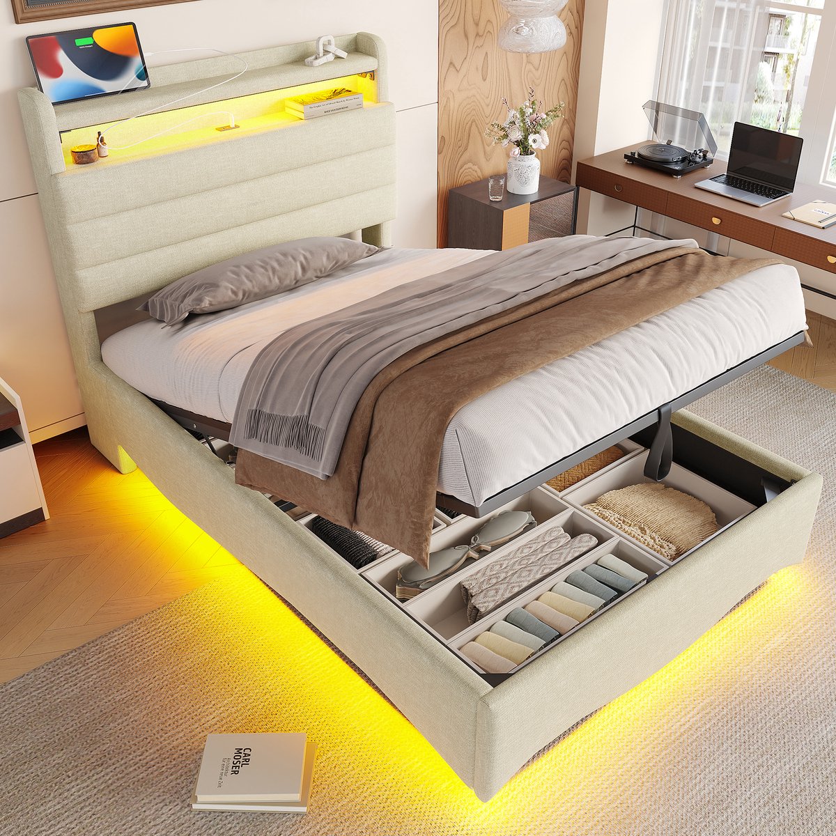 FloraGrace Gestoffeerd Bed 90x200 cm - Met Ledverlichting en Hydraulische Opbergruimte - USB-C en USB - Zonder Matras - Beige