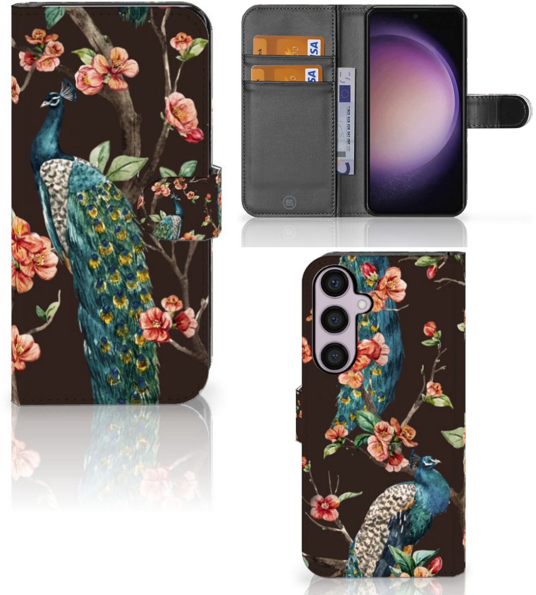 Samsung Galaxy S24 Plus Telefoonhoesje met Pasjes Pauw met Bloemen