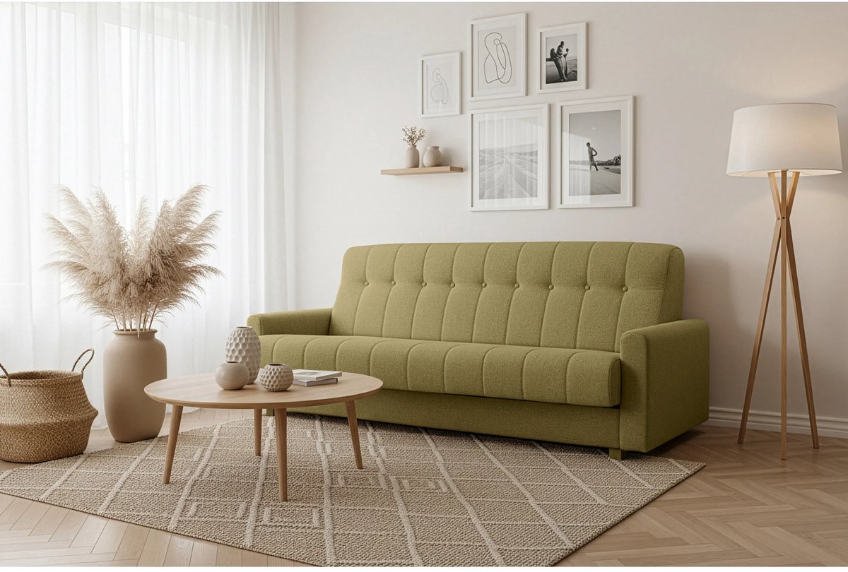 Slaapbank met slaapfunctie 213 × 85 × 92 cm – kaki 3-zits slaapbank met opbergruimte, uittrekbaar bed 190 × 115 cm, compacte bank voor woonkamer en studio – Nordic Herbi Comfort – Bellavero