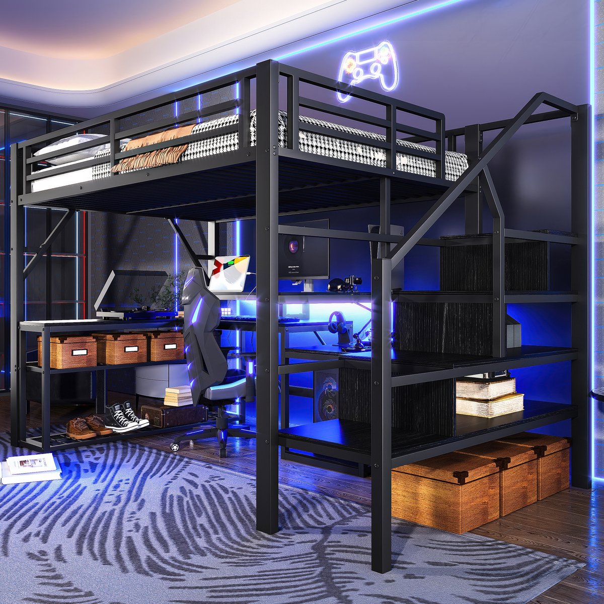 Wishdor Hoogslaper - 140x200 cm - Bureau Met USB En Ledlichtstrip - Trap Met Opberglades En Planken - Moderne Look - Metaal/MDF - Zwart