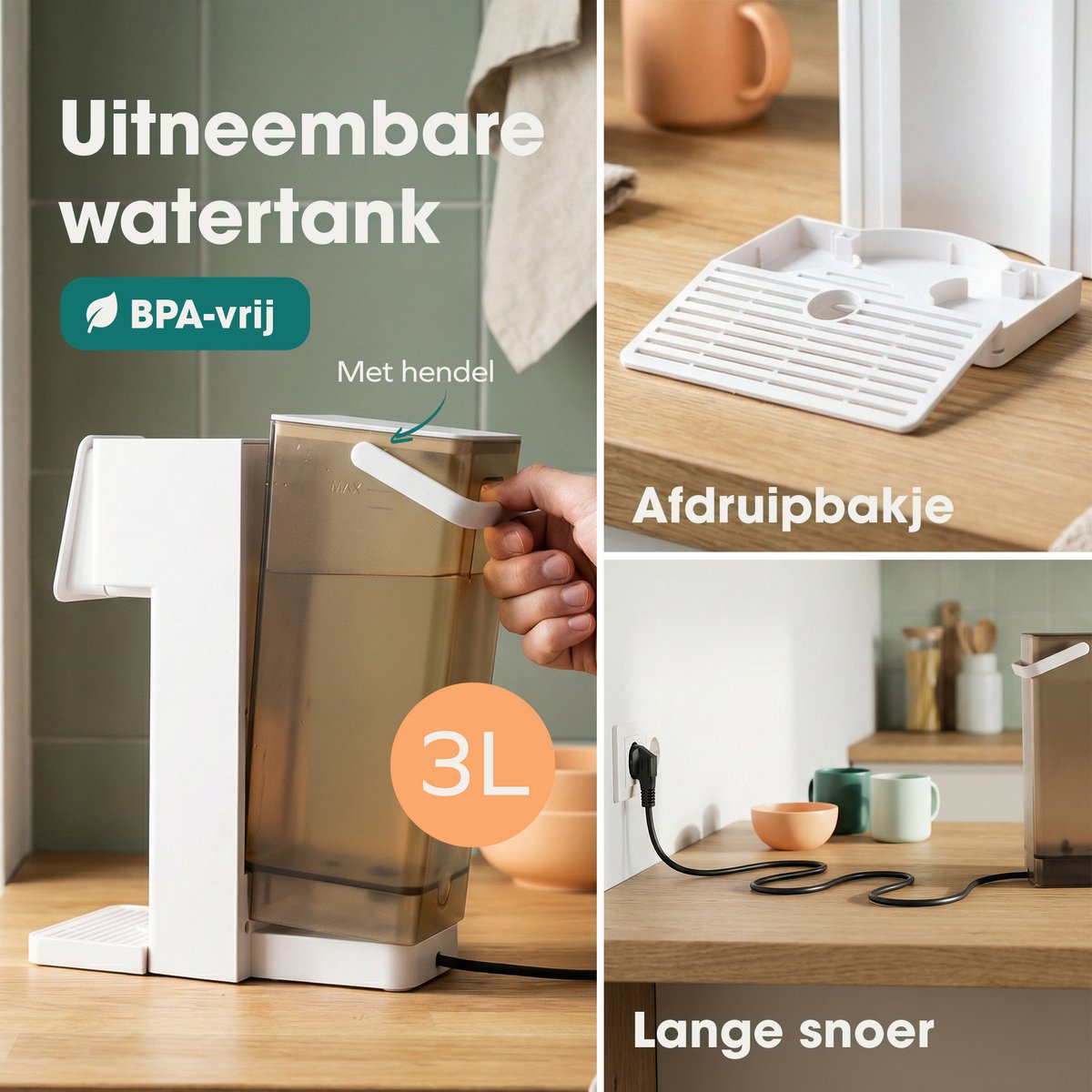 Wellewares - Heetwaterdispenser - Waterkoker - 6 Temperaturen 25-100°C - 8 Hoeveelheden - 3 Liter - Instant Heetwatertap - Touchscreen - Wit — afbeelding 3