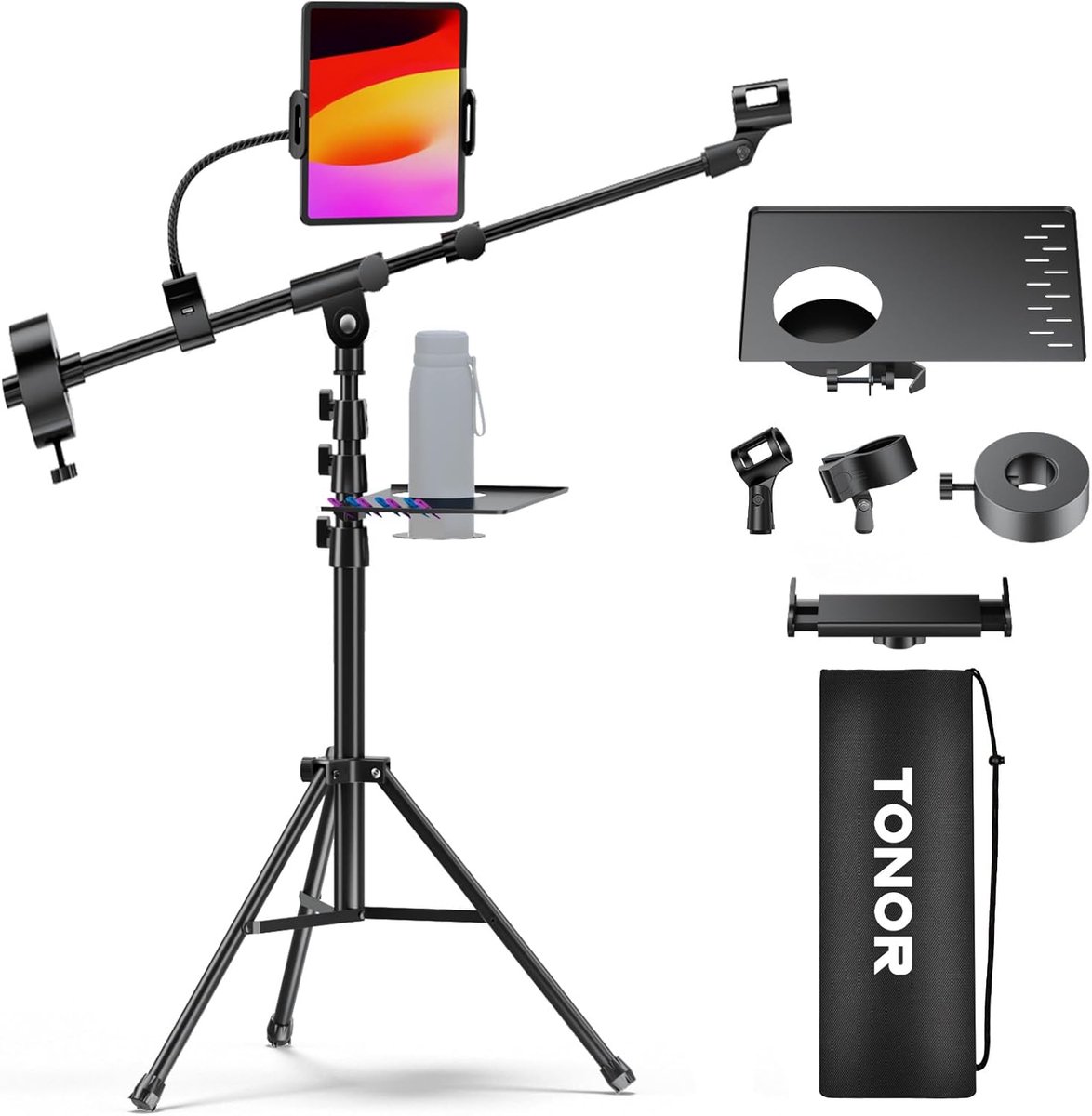 Verstelbare Microfoonstandaard met Tablet- en Bekerhouder - Heavy Duty Standaard met Draagtas