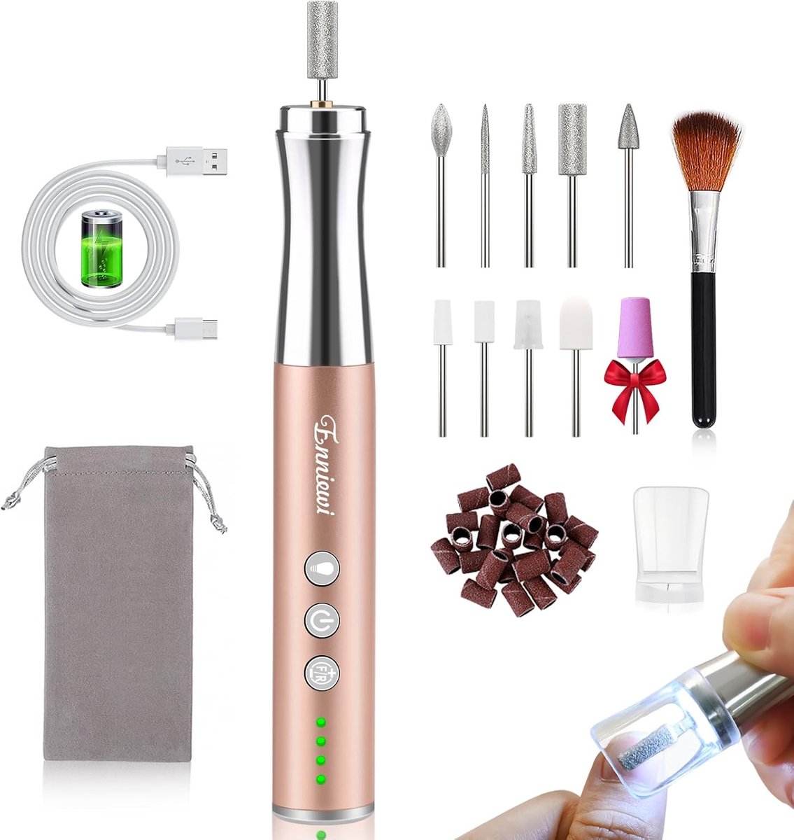Draadloze nagelfrees met licht - 25.000 omw/min - 13-in-1 manicure-pedicureset - Oplaadbare elektrische nagelfrees voor natuurlijke nagels
