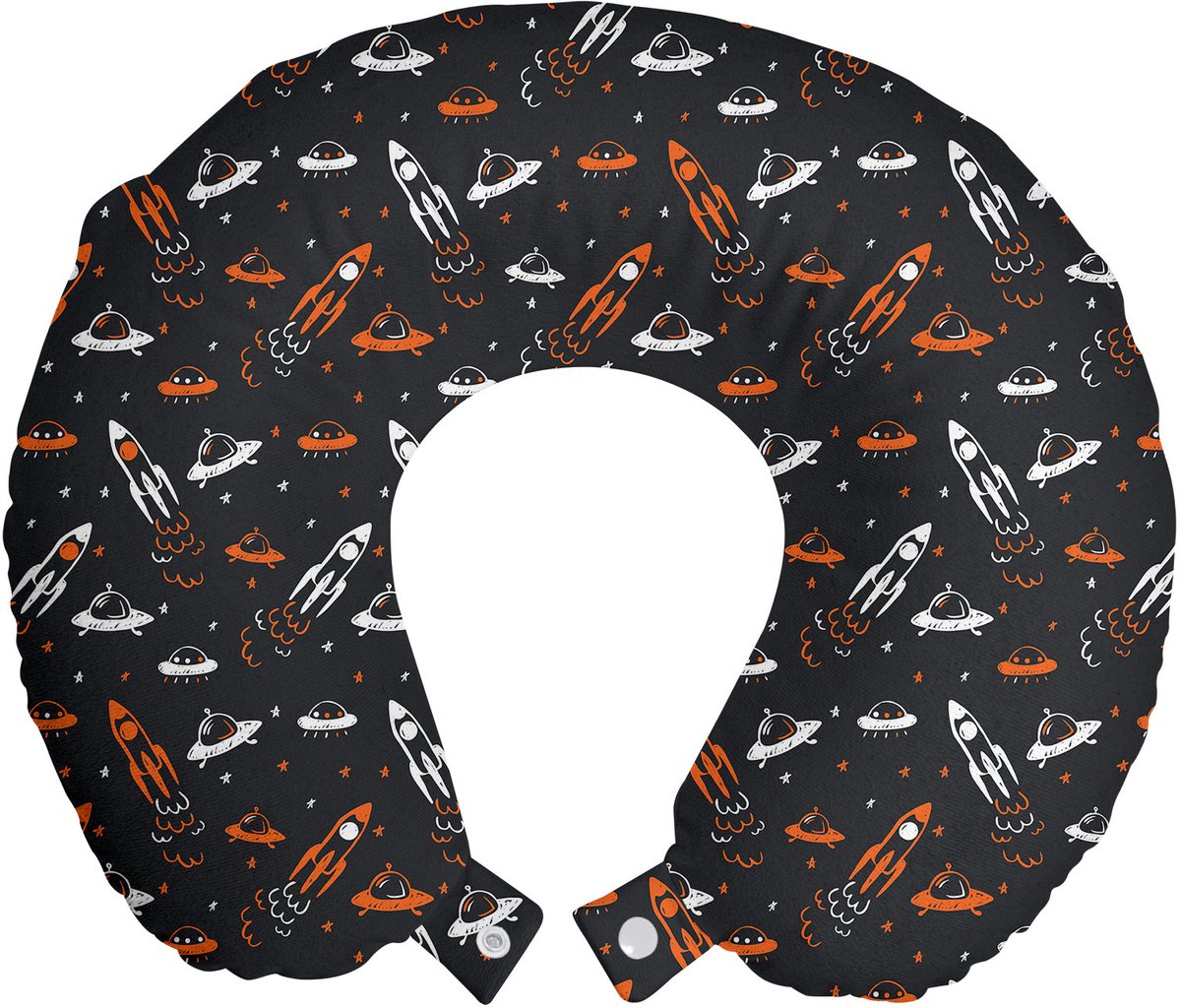 ABAKUHAUS Ruimtereiskussen met neksteun, Reis naar de ruimte, Schuimrubberen reisaccessoire voor vliegtuig en auto, 30x30 cm, Zwart Oranje Wit