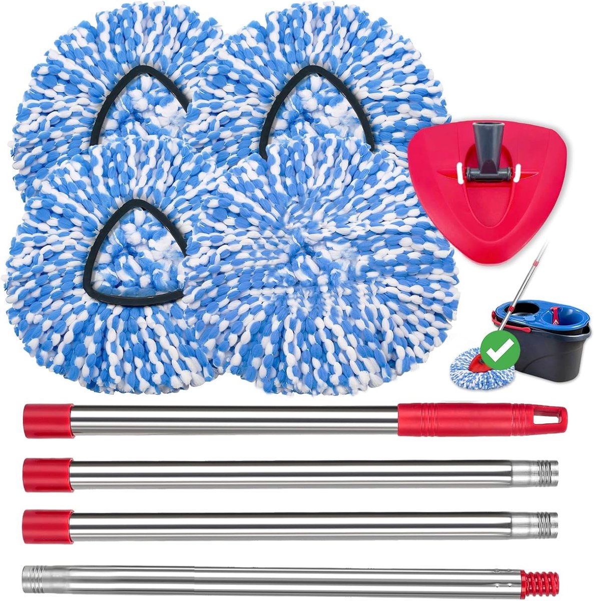 Microfiber Dweil Hoofden Vervangset voor Spin Dweilen - 4 Stuks + Dweilbasis