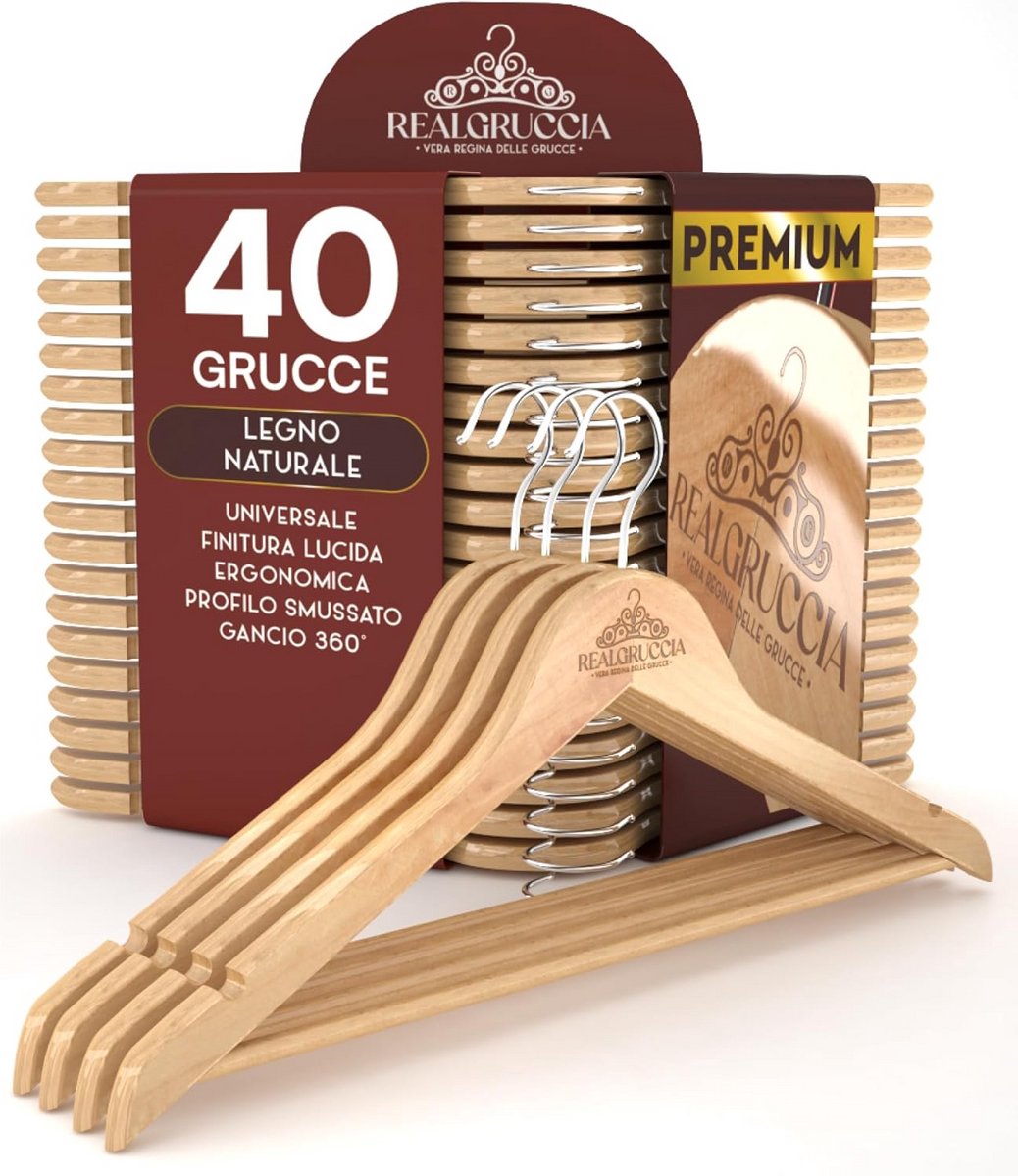 40 Houten Kleerhangers met Antislip en Draaibare Haak