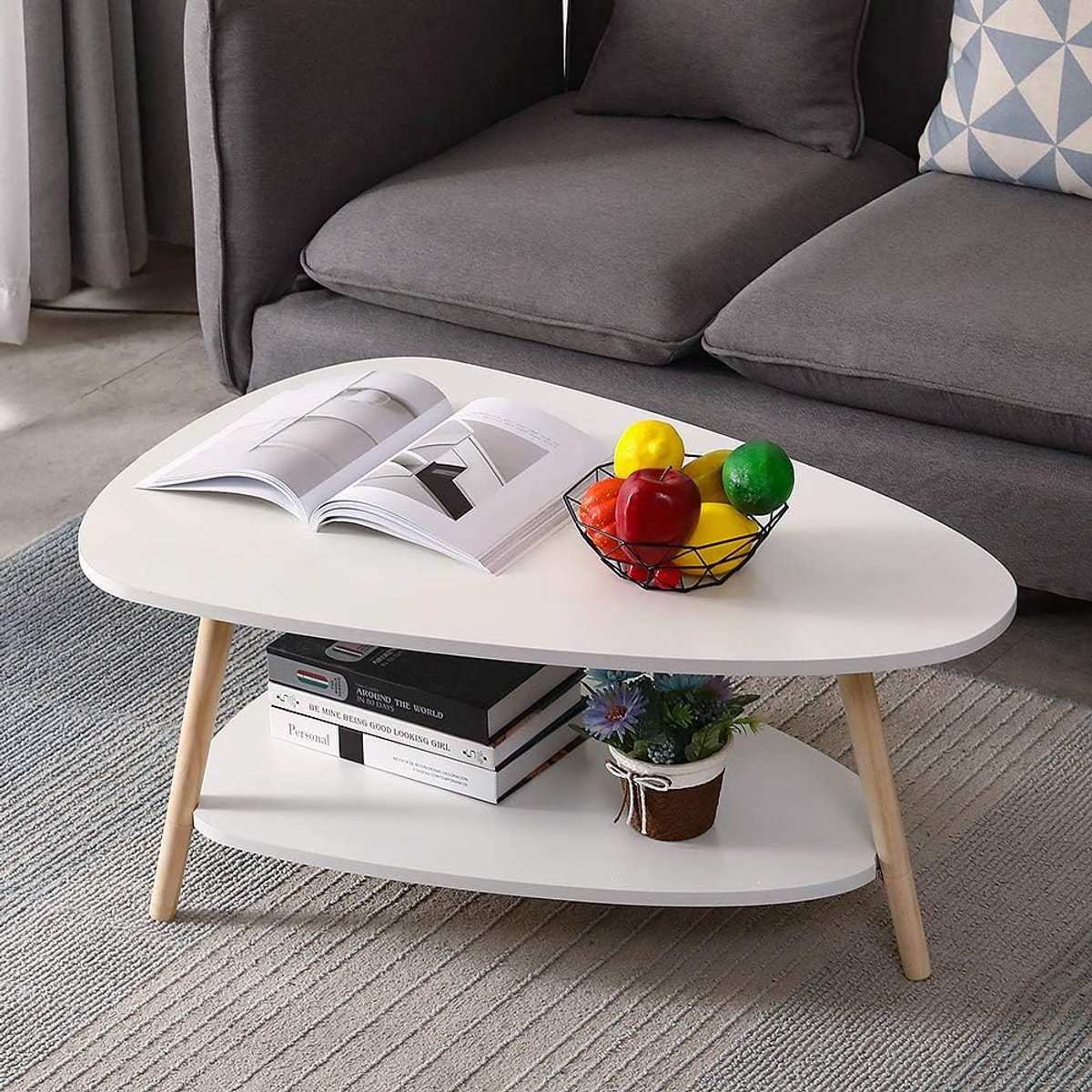 Moderne ovale salontafel - Scandinavische stijl - Woonkamertafel met plank - Houten bijzettafel - 90 x 60 x 40 cm - Wit