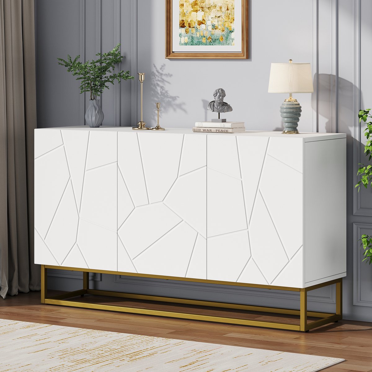 Wishdor Dressoir - Geribbeld Frontpaneel - Verstelbare Legplanken - Hoogglans Front - Spaanplaat - Wit En Goud - 130 X 38 X 76 Cm