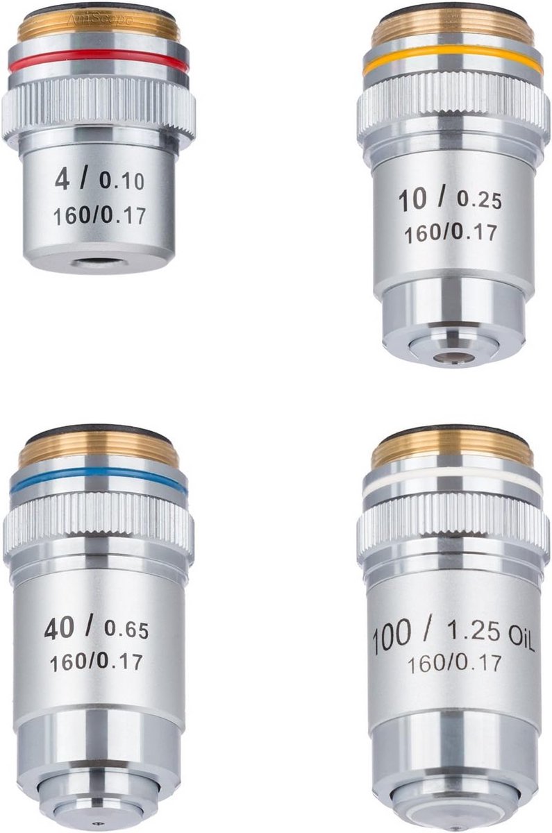 Objectievenset 4X-100X voor microscopen - vier achromatische objectieven