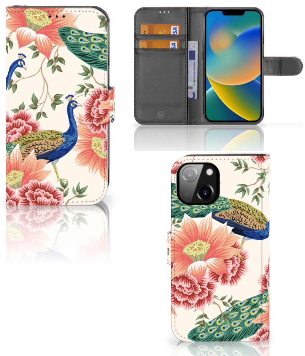 Telefoonhoesje met Pasjes voor Apple iPhone 14 Pink Peacock