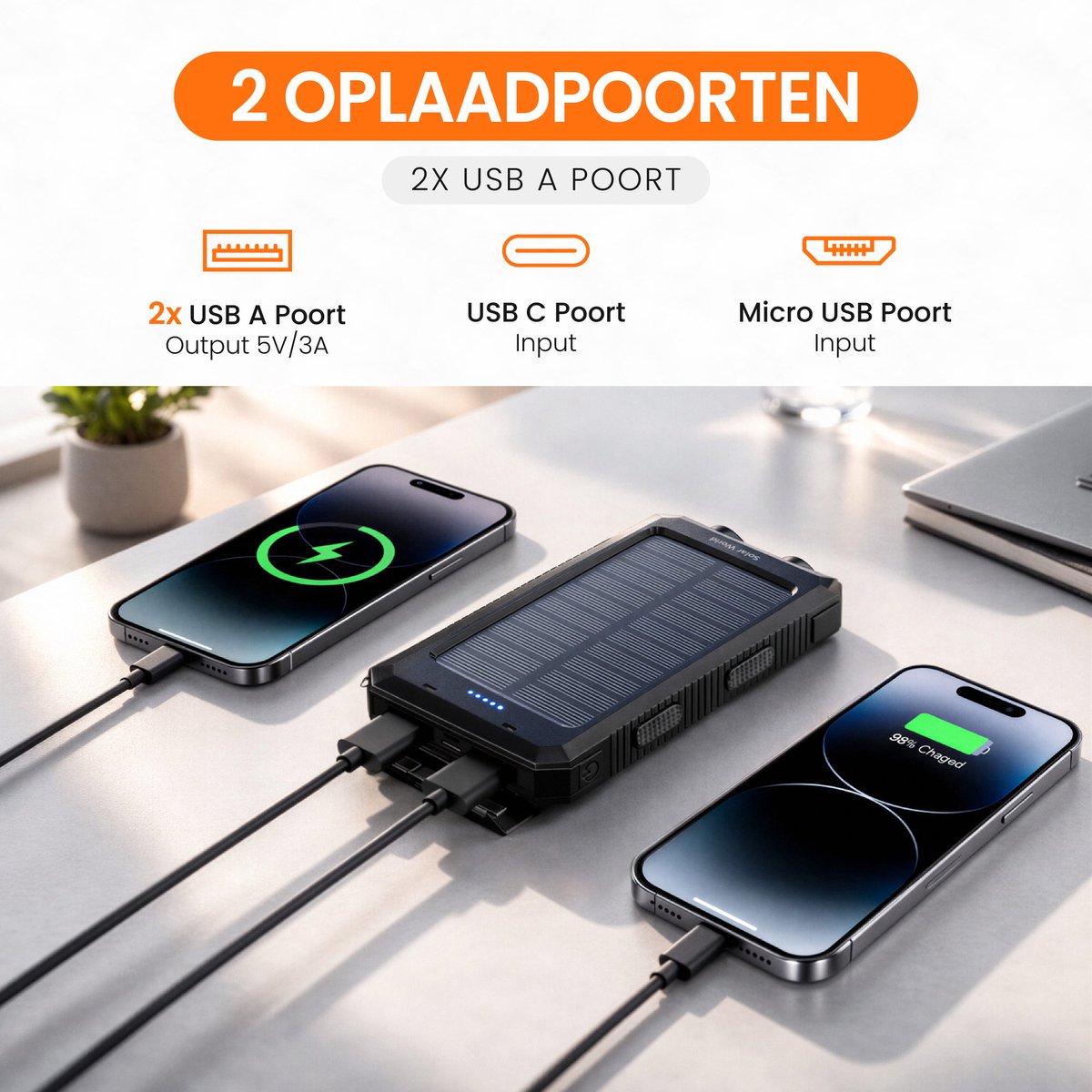 powerbank met zonnepaneel - geschikt voor iphone -geschikt - afbeelding 2