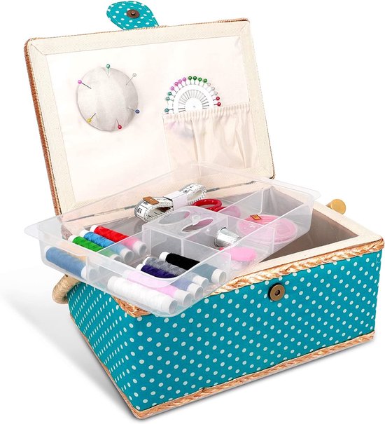 Foto: Naaimand met naaibenodigdheden naaidoos met handvat handgemaakte naaibox met accessoires opbergmand voor naaigaren naaispullen stippen design
