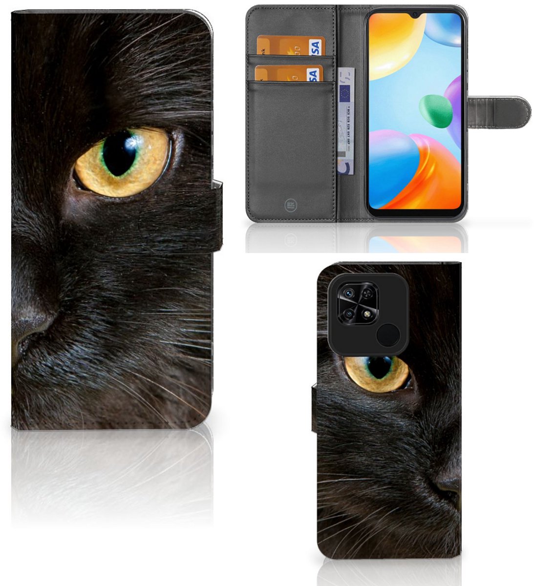 Xiaomi Redmi 10C Telefoonhoesje met Pasjes Zwarte Kat
