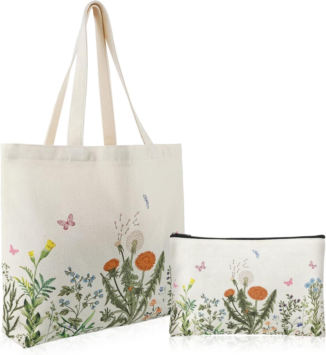 Canvas Draagtas met Rits - Vintage Bloemen Design voor Vrouwen en Meisjes - Set van 2