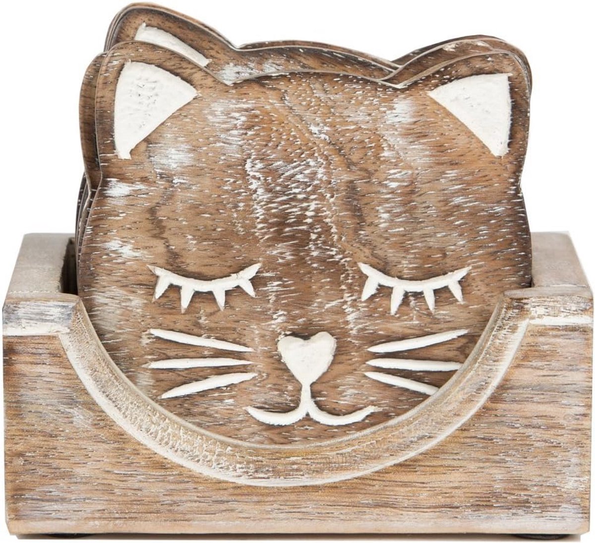 Houten Katten Onderzetters - Set van 6 in Opbergdoos