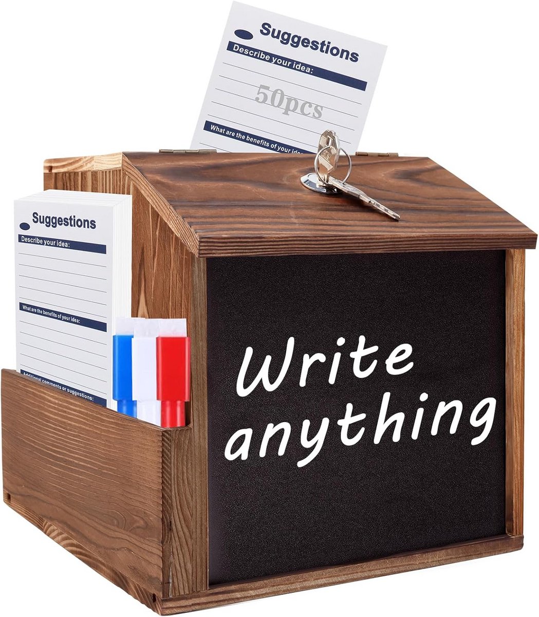 Houten suggestiebox met slot voor feedback en donaties
