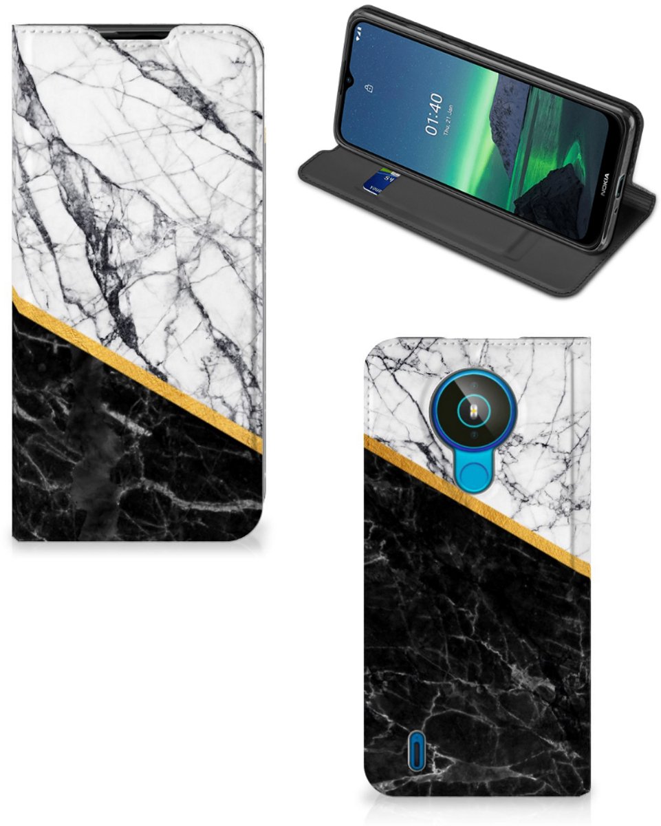 Nokia 1.4 Standcase Marmer Wit Zwart - Origineel Cadeau Man