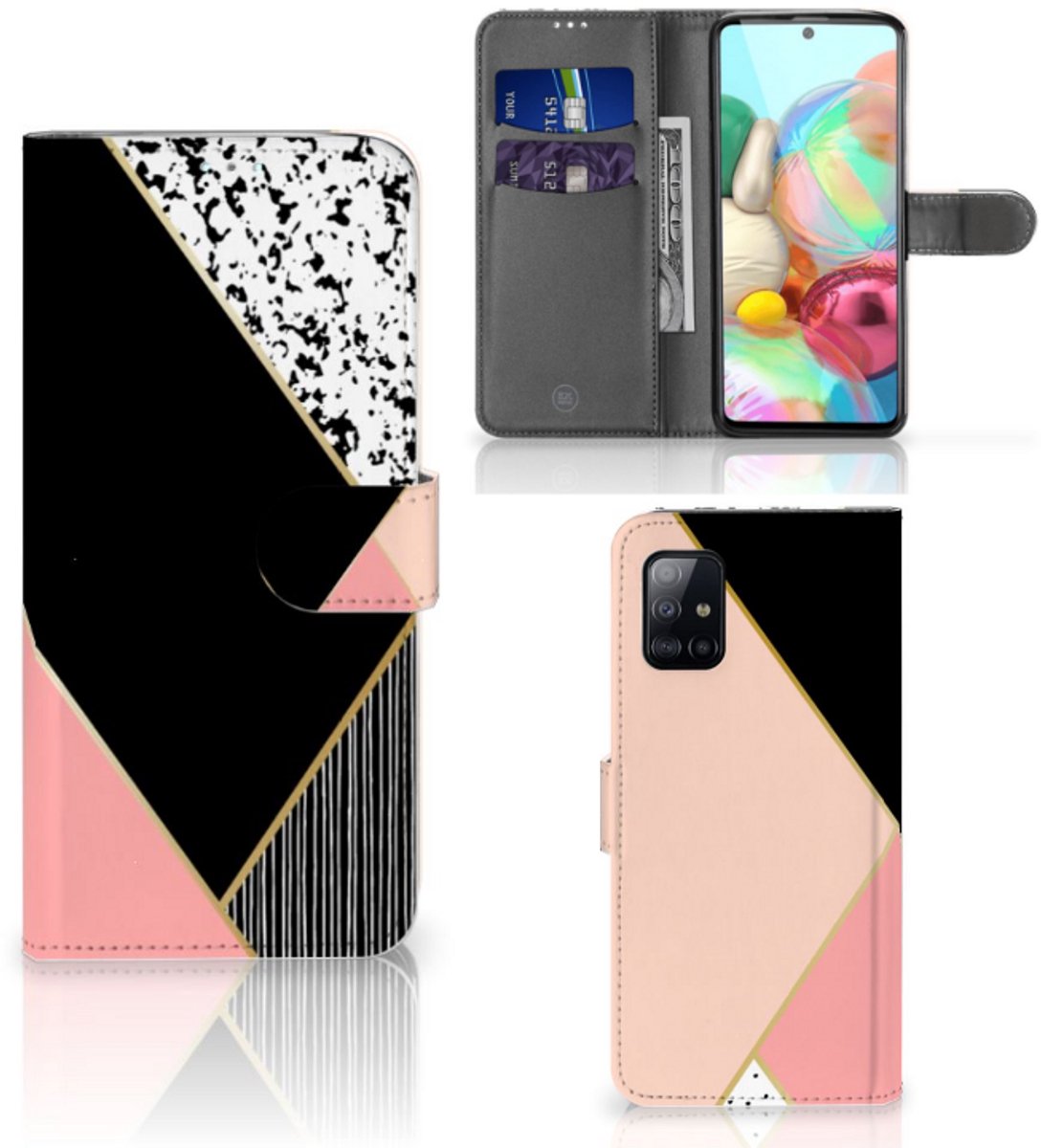 Samsung Galaxy A71 Book Case Zwart Roze Vormen