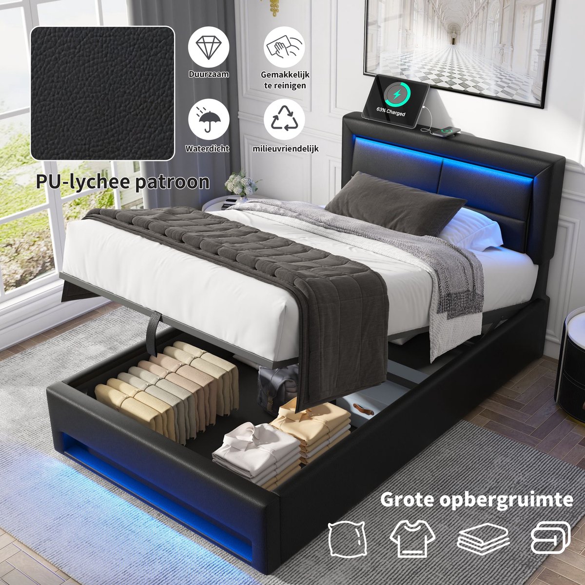 MIVRAY Gestoffeerd Bed 90x200cm - Zonder Matras Met USB Oplaadpunten En Draadloos Laden - Led Verlichting Met Opbergruimte - Pu - Zwart