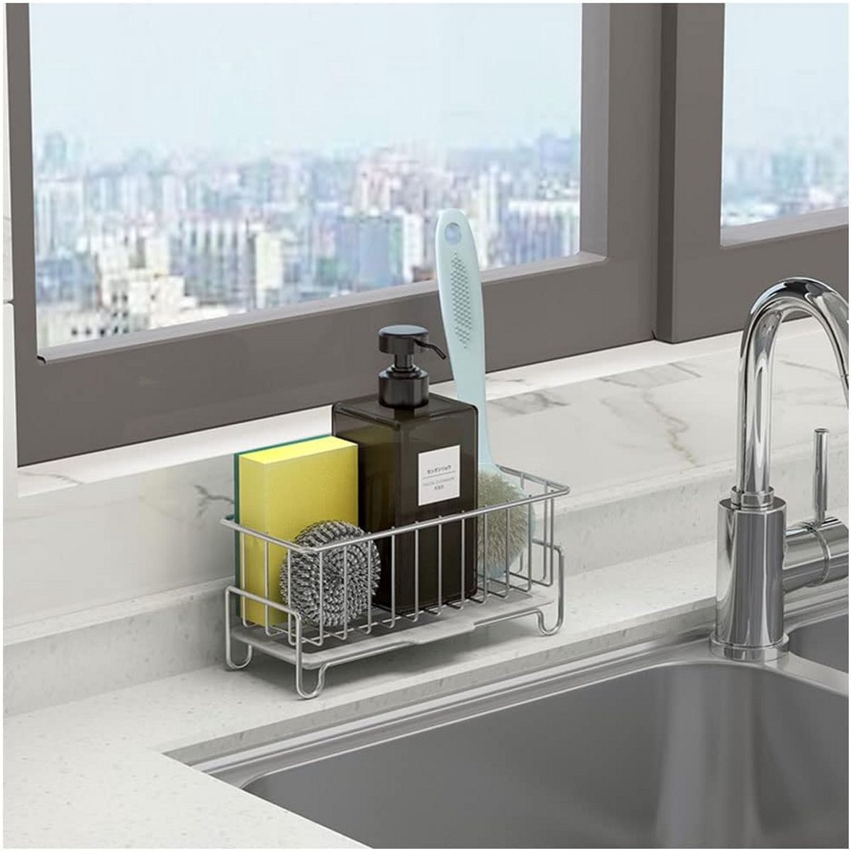 Aanrecht Caddy Organizer voor Keuken en Badkamer - Sponshouder met Afvoerpan van RVS