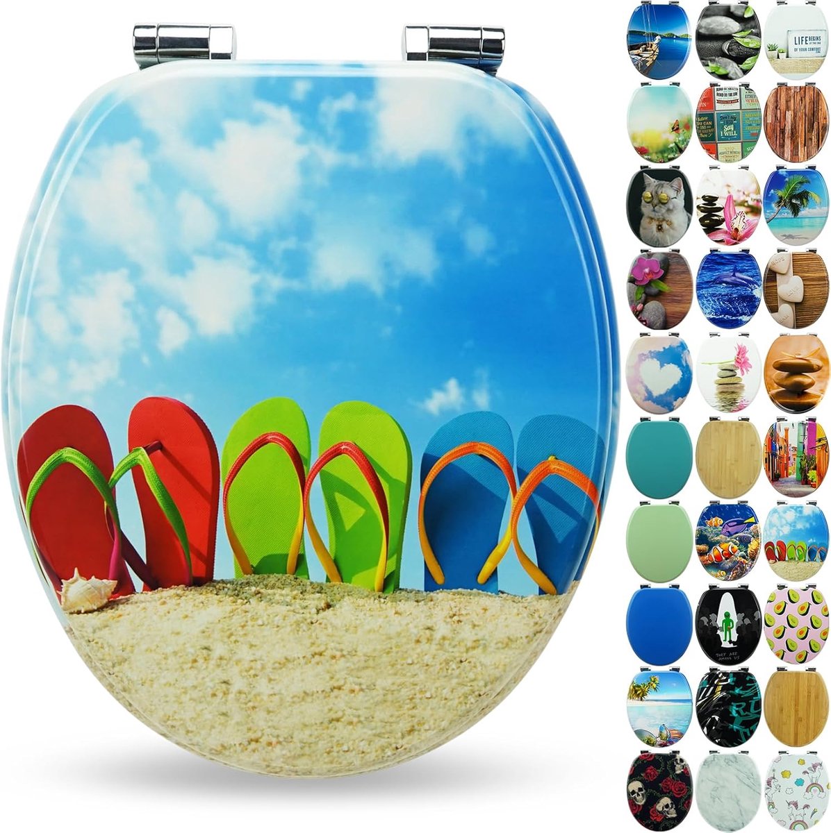 Sanfino® Toilet seat with wooden core and soft-close mechanism - high quality and many colourful motifs, comfortable seat, easy assembly including instructions - "Flip-Flop"