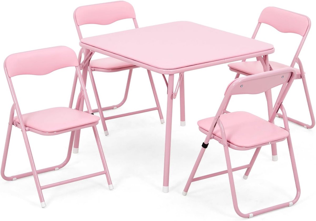 5-Delige Opvouwbare Kindertafel en Stoelen Set - Speeltafel met 4 Stoeltjes - Gewatteerd (PU Leer) - Metaal - Roze